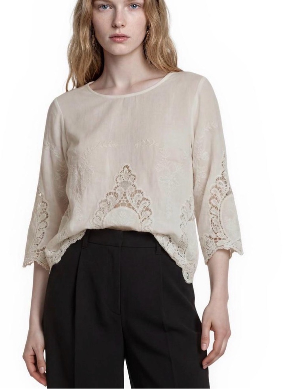 Cynthia Rowley White Embroidered Lace-Trim Blouse - Picture 3 of 7